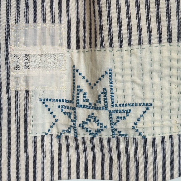 Handmade Skirt With Ticking Stripes, Patchwork, Kantha Quilting & Embroidery - Picture 8 of 13